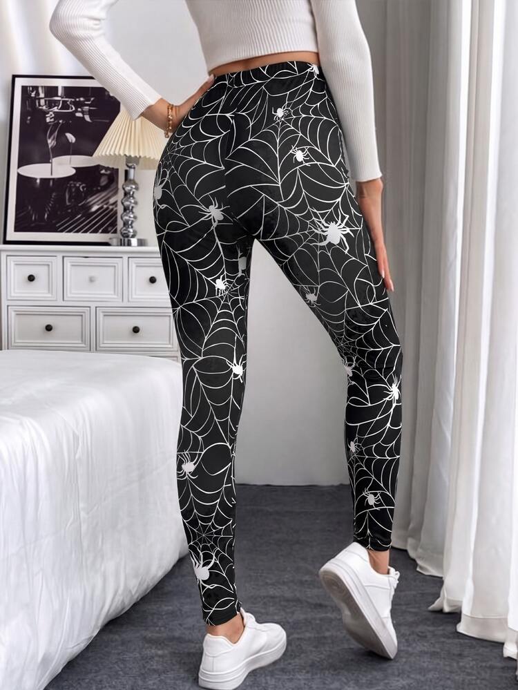 SHEIN LUNE Women's Casual Printed Leggings, Black And White Spider Pattern, Modern Vacation Nomad Casual Fashion, All-Season Versatile, Country Music Concert Outfit, Western Style, Bohemian Festival Party Wear - Multicolor - View 3