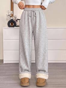 SHEIN EZwear 秋季新款女款加厚抓絨內裡純色抽繩休閒運動長褲，極簡時尚，適合日常穿著、登山、居家，淺灰色 - 灰色 - 查看 5