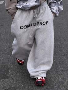 SLATEMANN Men's Letter Print Drawstring Waist Pocket Casual Sweatpants - Grey - View 1