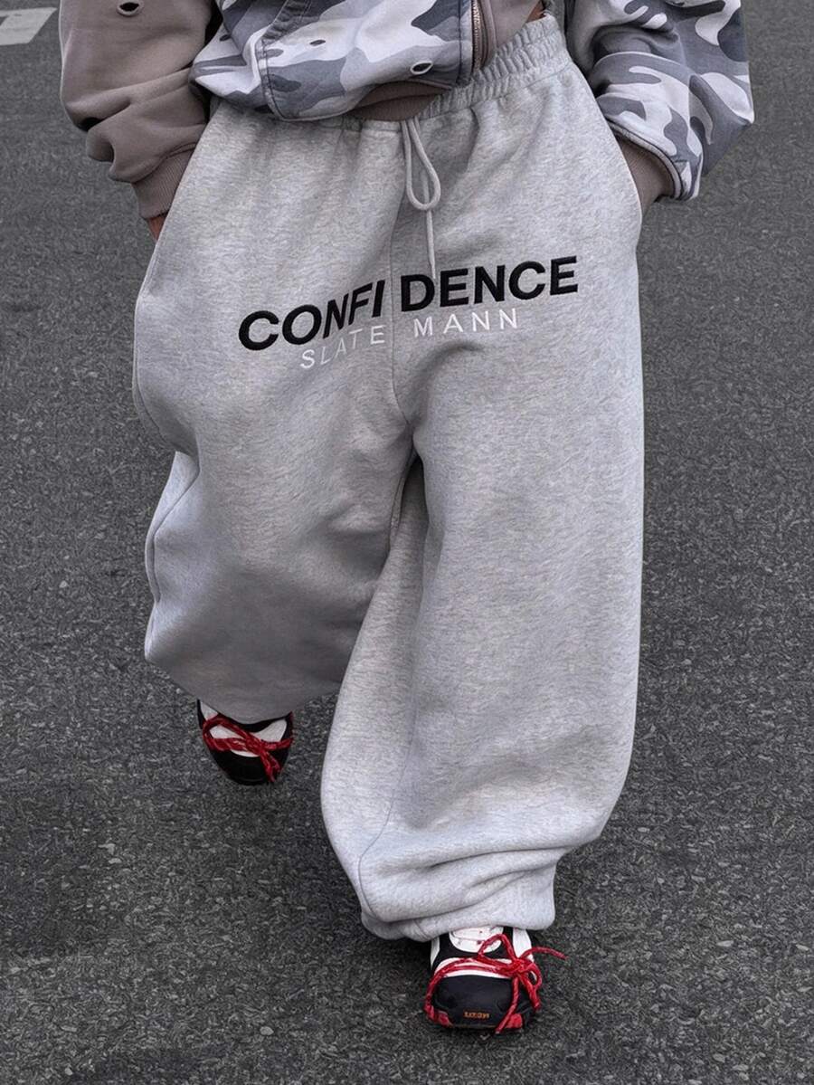 SLATEMANN Men's Letter Print Drawstring Waist Pocket Casual Sweatpants - Grey - View 1