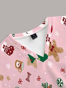 PopScrub Fun Christmas Pink Gingerbread Man, Christmas Tree, Snowman, Socks, Candy, Snowflake Women's Scrub Uniform Top - Multicolor - View 3