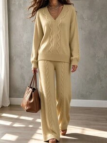 Breezaya Women's Solid Color V-Neck Long Sleeve Top And Pants Casual Daily Knit 2 Pieces Set - Khaki - View 3