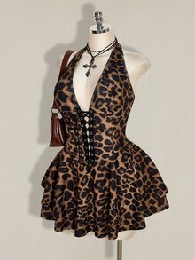 SHEIN ICON Gaun Kasual Wanita Ukuran Plus Motif Leopard dengan Desain Tali Pengikat untuk Musim Panas, Model Halter Neck - Coklat - View 4