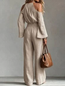Omancia Women's Solid Color Ruched Cold Shoulder Casual Daily Wear Jumpsuit Fall/Winter - Apricot - View 2