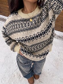 SHEIN EZwear 女款冬季毛衣，復古圖案費爾島圓領長袖，聖誕新年造型 - 杏色 - 查看 1