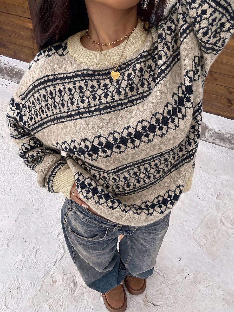 SHEIN EZwear 女款冬季毛衣,復古圖案費爾島圓領長袖,聖誕新年造型 - 杏色 - 查看 1