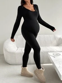 SHEIN Maternity Solid Color Long Sleeve Fitted Casual Jumpsuit - Black - View 4