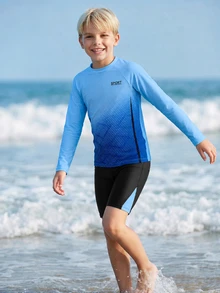 SHEIN Tween Boy Casual Fitted Kids Game Glow-In-The-Dark Pattern Tankini 2 Pieces Swimsuit, Suitable For Spring/Summer, Beach Vacation Playful Pals Modest - Blue - View 3
