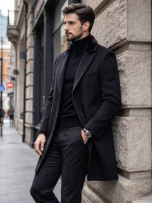 Manfinity Homme Men's Solid Color Pocket & Button Front Long Sleeve Overcoat, Autumn Fall Going Out Overcoat, For Friends, Husband, Boyfriend Gifts, Winter Ceremony - Black - View 8