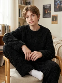 SHEIN 青少年男孩 2件組休閒格紋紋理極簡加厚長袖圓領居家服褲裝，適合秋冬、短途外出、返校、睡衣派對、拍照、假期，舒適穿著 - 黑色 - 查看 5