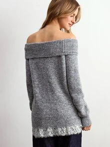 Willow Rêve 女款灰色露肩蕾絲拼接下擺套頭毛衣 - 灰色 - 查看 2