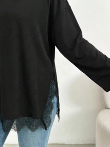 Shapeblank Women's Plus-Size Black Long-Sleeve T-Shirt – Stylish, Casual, Loose & Comfortable – Lace-Trim Hem – Autumn Everyday Wear,Going Out Tops.Fall Outfits - Black - View 6