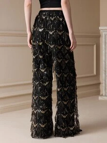 Arave Women's Mesh Embroidery Sequin High Waist Straight Leg Diamond Grid Tassel Embroidery Sequin Design Elegant Date Long Pants - Black - View 3