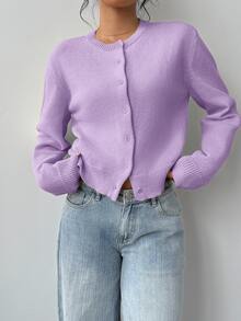 SHEIN BASICS 女款休閒純色圓領長袖寬鬆短版針織開襟外套，秋季辦公室校園商務外套，海軍藍 - 淡紫色 - 查看 2