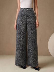Anewsta Modern Design Digital Print Casual Gray Blue Long Pants Women Spring Autumn New High Waist Loose Slimming Versatile Straight Leg - Dusty Blue - View 7