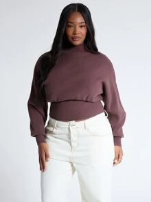 MUSERA Plus Size Brown Knit High Neck Fitted Cinched Jumper Top Fall Autumn Winter Women Outfit Day Outfit Casual - Brown - View 1