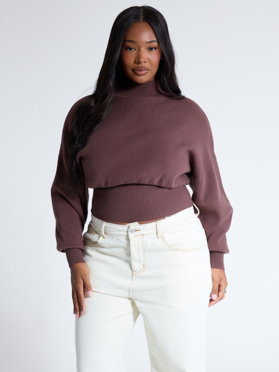 MUSERA Plus Size Brown Knit High Neck Fitted Cinched Jumper Top Fall Autumn Winter Women Outfit Day Outfit Casual - Brown - View 1