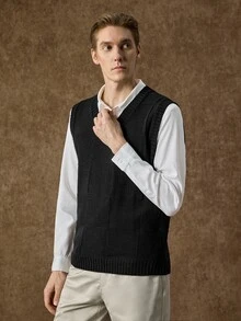 Manfinity CityGents Men's Solid Color Casual Daily Knit Vest - Black - View 5