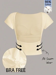 Tseoso 女款百搭極簡風性感 T-shirt，適合日常穿著與外出 - 杏色 - 查看 1