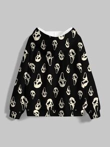 ROMWE Dark Little Devil Gothic Halloween Hooded Loose Fit Graphic Print Women's Sweatshirt - Black - View 2