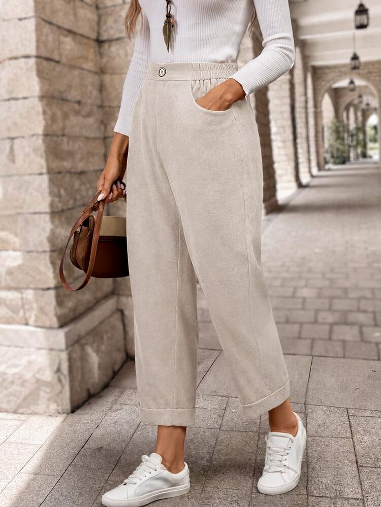 EMERY ROSE Women's Solid Color Patch Pocket Tapered Casual Corduroy Pants, Versatile For Autumn - Apricot - View 4