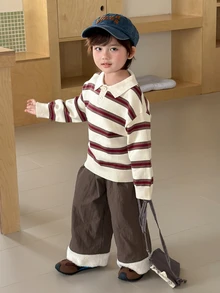 DAZY Infant (Boy) Turn Collar Striped Korean Style Long Sleeve Sweater - Coffee Brown - View 7