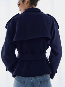 MOTF PREMIUM FRENCH MINIMALIST STAND COLLAR SHORT FITTED WAIST BELTED TRENCH COAT - Navy Blue - View 5