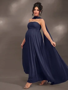 Cheriluna Maternity Elegant Ruffle Detail Solid Color Off-Shoulder Sleeveless Maternity Dress For Baby Shower, Christmas Party - Royal Blue - View 1