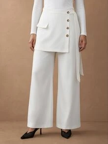 Juhart Plus Size Women Solid Color Button Design Side Waist Knot 2 In 1 Elegant Long Pants - White - View 5