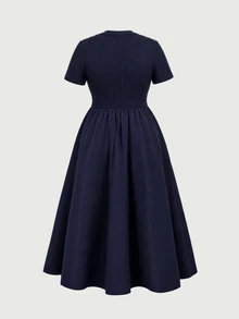 SHEIN MOD Plus Size Women's Navy Blue Cable Knit Textured Button Decor Round Neck Dress, Autumn, Winter - Navy Blue - View 2