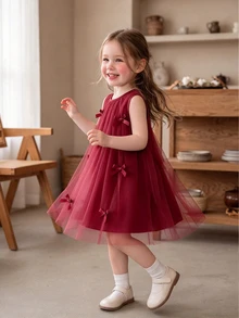 SHEIN Vintaside Kids 女嬰甜美夢幻粉色網紗洋裝，飾有可愛3D蝴蝶結裝飾，適合外出、度假與拍照 - 酒紅色 - 查看 7