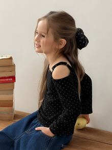 DAZY Young Girl Korean Style Polka Dot Print Cold Shoulder Long Sleeve T-Shirt - Black - View 3