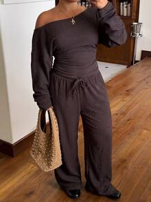 Muchica Plus Size Textured Cold Shoulder Long Sleeve Top And Drawstring Waist Pants 2 Pieces Set - Brown - View 6