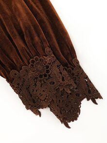 LUMIGAL Dyed Asymmetrical Shoulder Lace Long Sleeve Velvet Dress For Women - Coffee - View 4