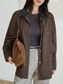 Dazy-Less Women's Brown Washed Loose Fit Short Denim Jacket With Turn-Down Collar, Button And Pocket Decor, Long Sleeve, Autumn - Brown - View 3