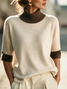 SHEIN New Spring Fall Sophisticated Turtleneck Knit Top Women Ribbed Cuff Elbow Sleeve Relaxed Straight Hem - Apricot - View 1