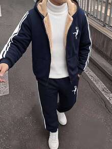 SHEIN 買1送1兒童青少年男孩休閒運動保暖內裡加厚連帽外套與慢跑褲套裝，適合秋冬、學校、家庭聚會、度假、派對，秋季穿搭，冬季穿搭 - 藏蓝色 - 查看 1