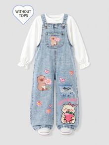SHEIN Young Girls Fall/Winter Y2k Chic Cartoon Capybara Ripped Denim Loose Overalls,For Kids Girls Daily&Streetwear Outfits,Girls Christmas&Birthday Outfits - Blue - View 3