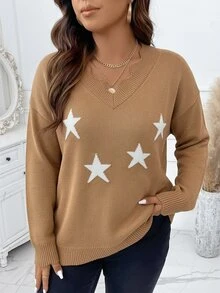 SHEIN LUNE Áo len chui đầu dệt jacquard phối màu tương phản phong cách tối giản mặc hàng ngày size lớn - Lạc đà - Xem 5