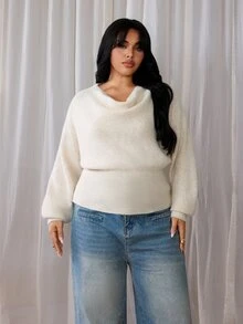 Rustia Plus Size Women Knit Sweater, Draped Cowl Neck Lantern Long Sleeve Knitted Top, Ribbed Hem Slim Fit Solid Color Elegant Fall Winter Essential - Apricot - View 7