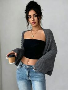 Elenzga Damen Off-White leichte Cut Out Fledermaus-Ärmel Strick-Cardigan, weich hautfreundlich Sommer lässig Alltag vielseitig für Urlaub, Party, Arbeit - Dunkelgrau - Übersicht 5