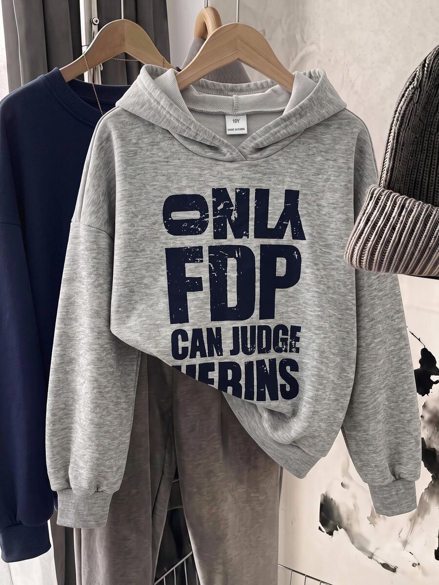 SHEIN 青少年女孩秋冬街頭風復古印花連帽長袖衛衣,適合日常、返校、通勤 - 淺灰色 - 查看 1