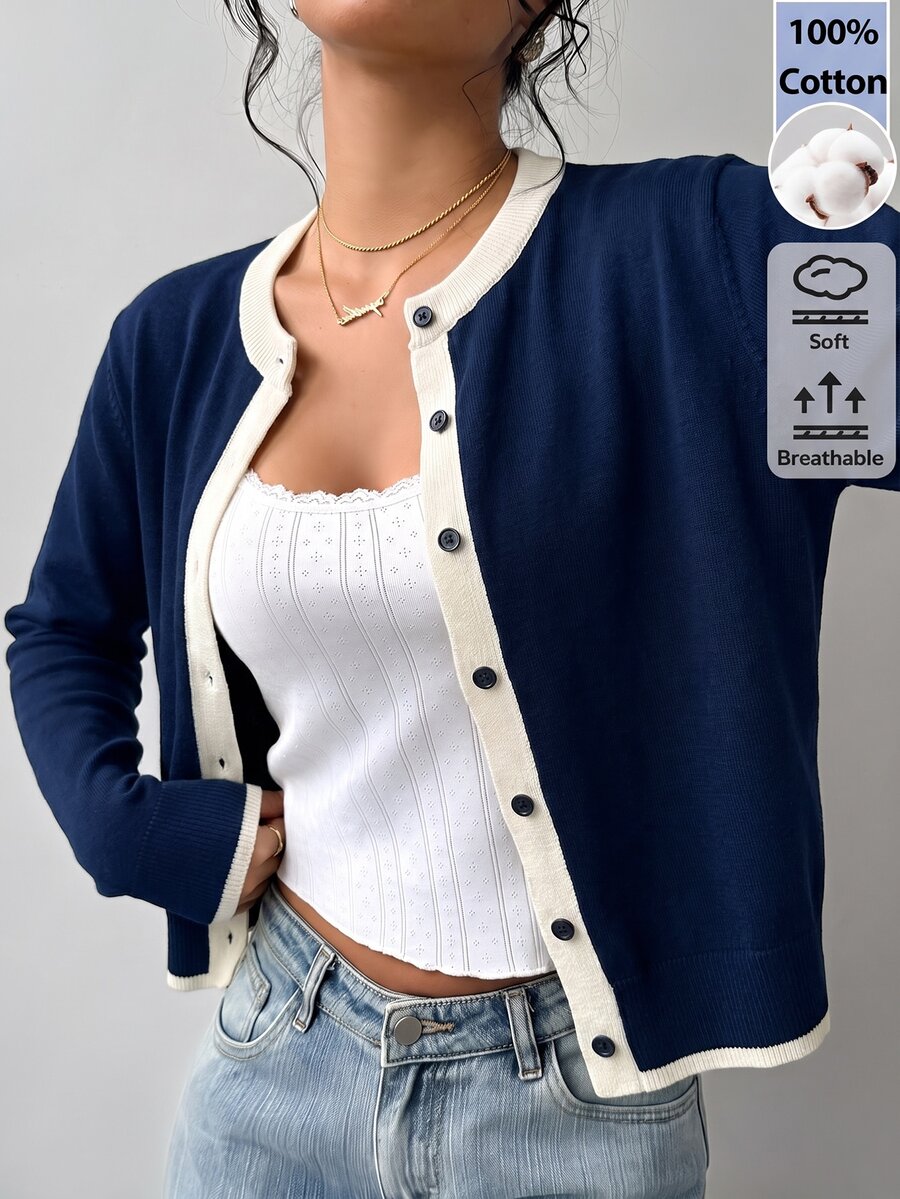 SHEIN BASICS Women's Colorblock Casual Versatile Daily Wear Cardigan - Navy Blue - View 1