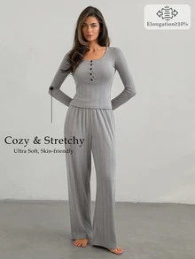 DAZY Women's Solid Color Button Half-Placket Long Sleeve Top And Pants Loungewear Set - Grey - View 6