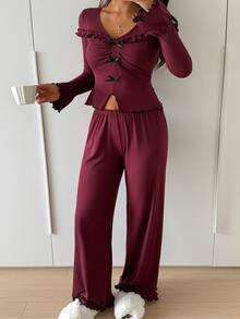 DAZY Women's Solid Color Frill Trim Bow Decor Long Sleeve Top And Pants Pajama Set - Burgundy - View 6