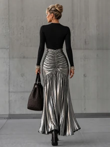 LUMIGAL Women's Luxury Leopard Metallic Colorblock Maxi Dress, Elegant Black Long Sleeve Ruched High Waist Wedding Guest Party Evening Gown For Fall Winter - Multicolor - View 2