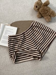 K-Vae Blue And White Stripe Large Scoop Neck Button Casual Short Sleeve Striped Top With Elastic Waistband Spring Summer Shorts Lounge - Coffee Brown - View 6