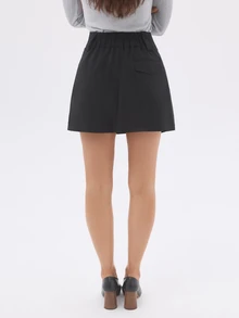 KÆRIA Hus High Waist Box Pleat Mini Skirt - Wool Blend - Black, Tailored, Preppy, Office - Navy Blue - View 3