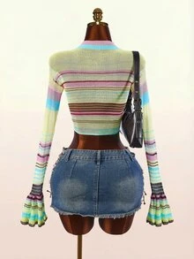 Amplova Women's Colorful Striped Long Sleeve Cropped Casual Sweater - Multicolor - View 6