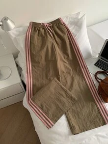 SHEIN CURVE+ Plus Size Women's Striped Colorblock Drawstring Waist Long Pants - Brown - View 7